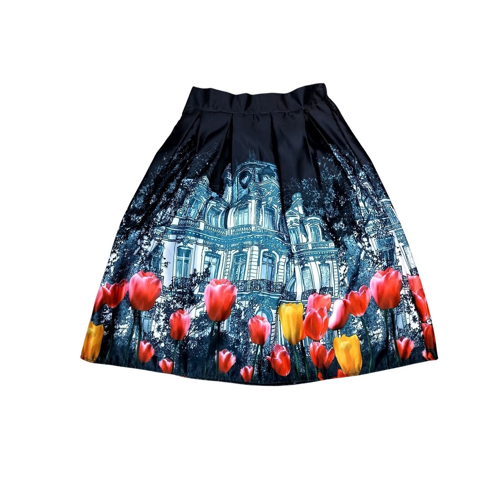 Handmade Satin Tulip Skirt Architectural Midi Length Size Small Black Multi OOAK